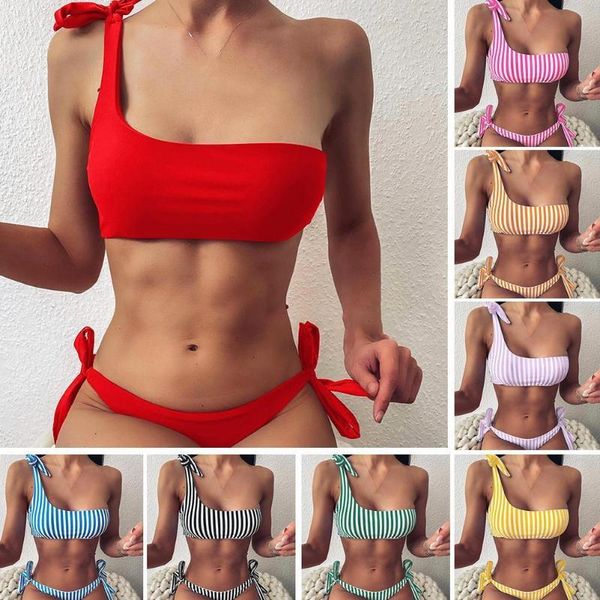

new style striped printed bikini one-shoulder lace split swimsuit z8z4