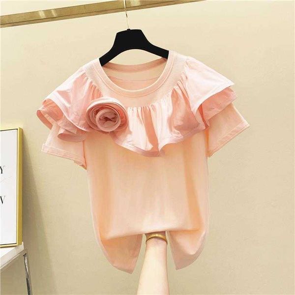 

superaen appliques flower ruffled o neck short sleeve pink t-shirt summer loose casual women 210615, White