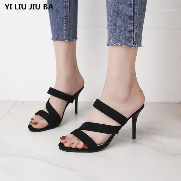 

slippers summer women high heels shoes woman pointed toe ladies female slides fashion mujer p1981, Black