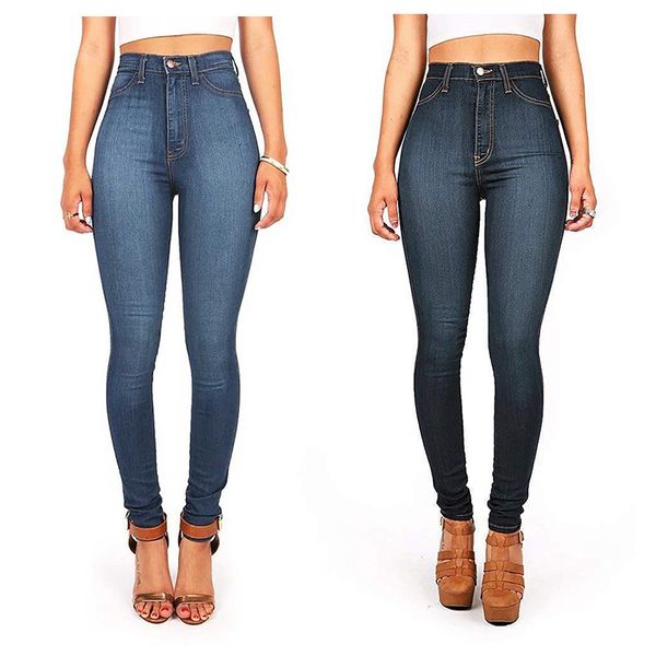 

ladies pants women jeans denim trousers high waist washed bleached buttons zipper straight little feet tiered pocket breathable stretch skin, Blue