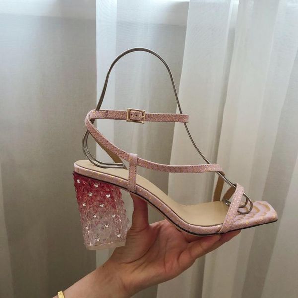 

sandals unique 2021 women summer transparent crystal heels square toe shoes party wedding woman, Black