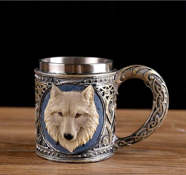 

panker stainless steel wolf mug, creative medieval style wolf mugs for drinking, gothic dining decor for home wine cabinet, amazing gift for