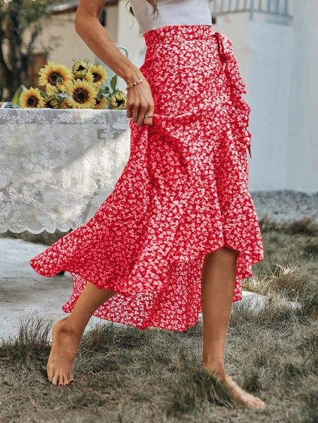 

ditsy floral print knot side ruffle trim wrap skirt c9pt#, Black