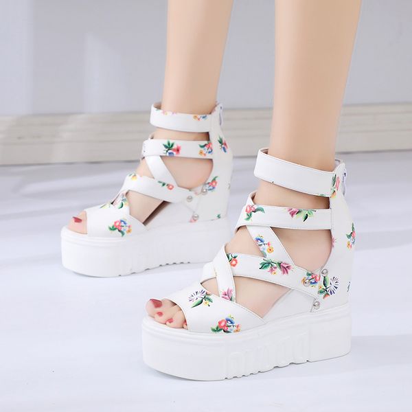 

rimocy summer women pu print wedge sandals super high heels platform shoes woman peep toe cross strap gladiator sandalias, Black