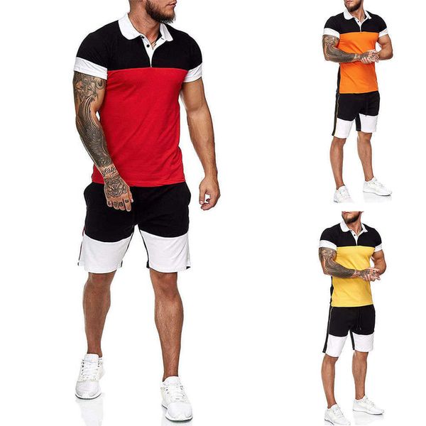 Homens novos dois pedaços camiseta camisa shorts de manga curta listra costurando macho terno casual tracksuit definido sweatsuit patchwork mens conjuntos x0909