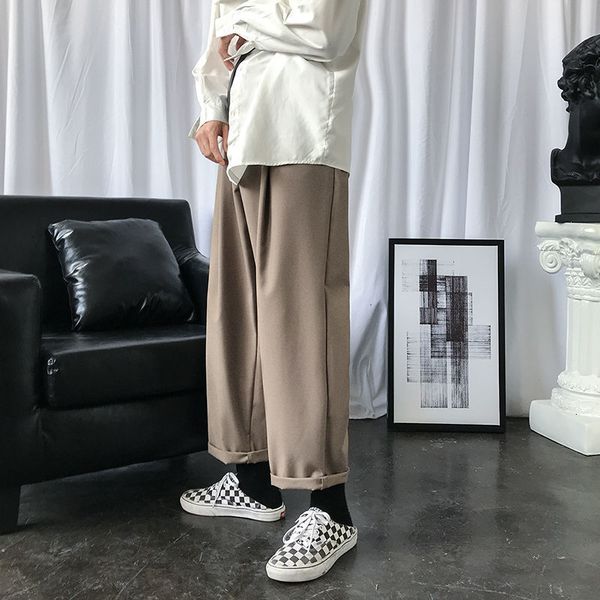 

2021 spring cotton wide-leg men's fashion solid color business casual men straight suit pants mens zcbb, Black