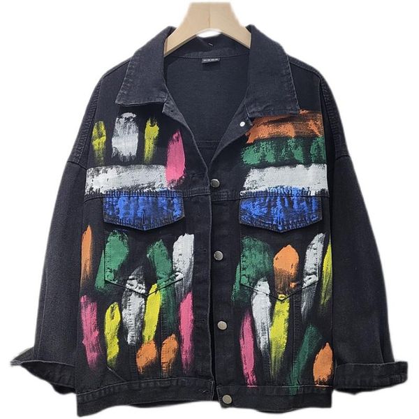 

women's jackets arrivals white jeans jacket for teens fall students casual and sketching colorful graffiti loose denim coat women, Black;brown