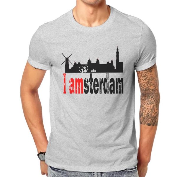 

men's t-shirts men i love amsterdam skyline - cityscape cat classic anime o collar shirt, White;black