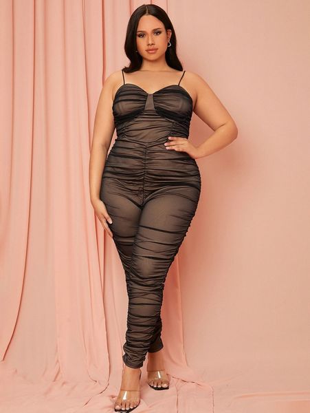 

plus ruched mesh cami jumpsuit 656i#, Black
