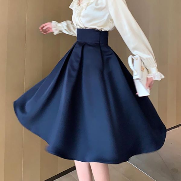 

ewq] 2021 spring fashion casual elegante women casual solid color knee-length drak blue pleated a-line silk skirt 8y481, Black