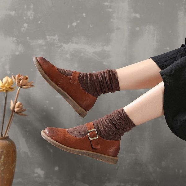 

sandals mary jane shoes retro round head leather flat comfortable college style japanese women's small women, Black