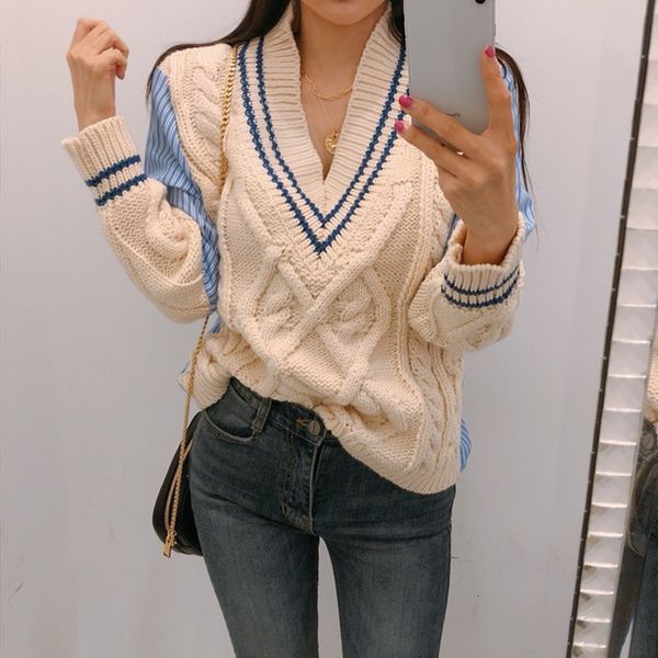 

2021 new autumn winter women's sweaters patchwork srtiped v-neck pullover stylish knitted korean female jumpers sw1703 sn1a, White;black