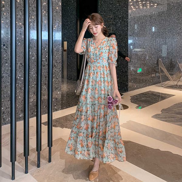 

summer chiffon dress female short-sleeved a-line floral printing fashion all-match high waist casual dresses 210529, Black;gray