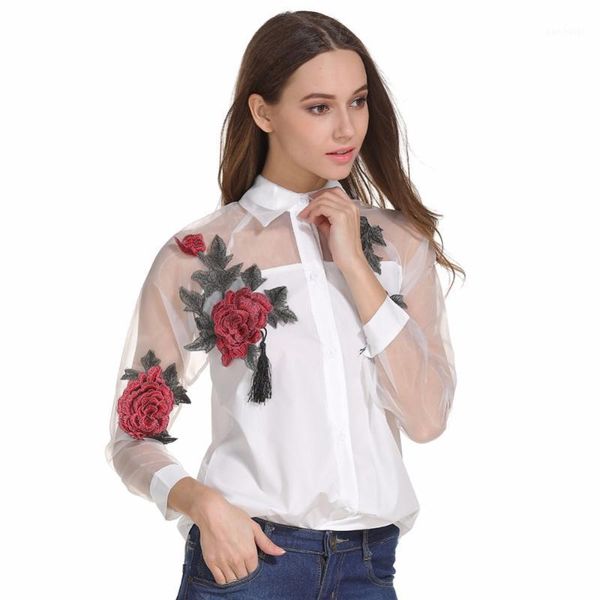 

women blusa spring autumn casual long sleeve blouse embroidered flowers tassel detail shirt with sheer mesh panel feminina women's blou, White