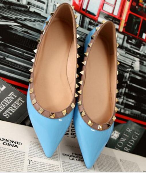 

genuine leather v stud ballerina flats blue black nude red yellow rose pink luxury designer runway classic fashion women