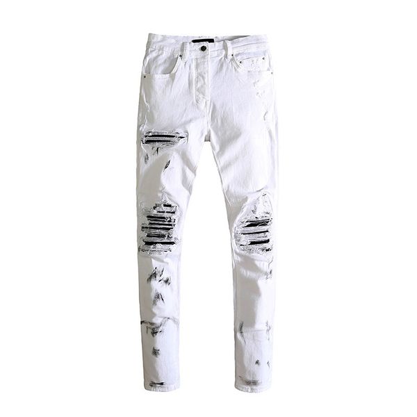 

am men's jeans white black collage ink painting hole, Blue