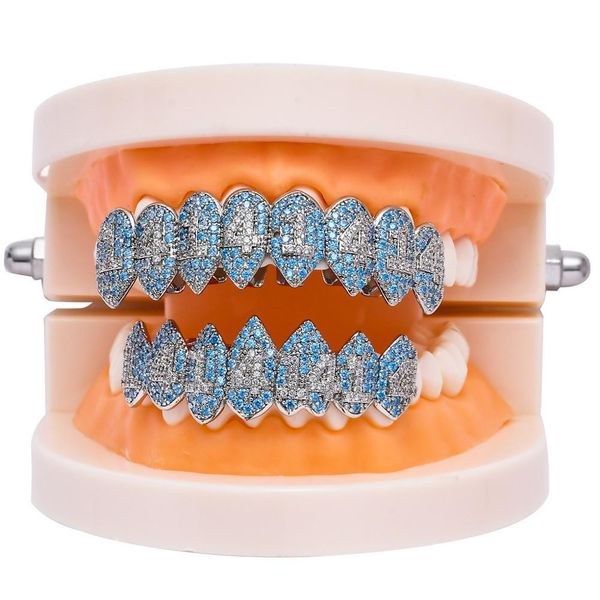 

hip hop 1414 iced out fangs grillz & bottom grills dental mouth punk teeth caps cosplay party rapper jewelry, Silver
