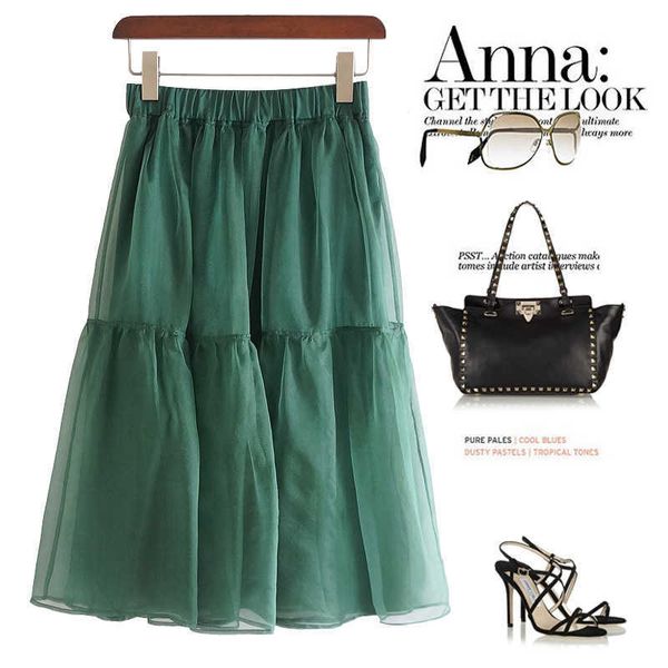 

dixianmei candy wu green organza elastic waist shawl a-line mid length skirt, Black