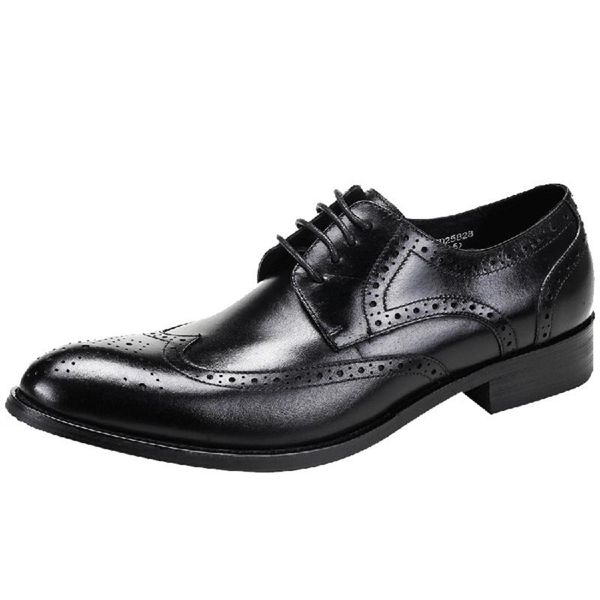 

dress shoes autumn breathable lace up large size wedding men's carved leather pointed toe, Black