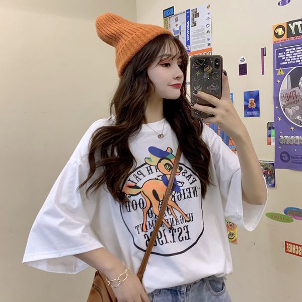 

2021 new summer for women fashion t cute fawn cartoon printed short-sleeved t-shirt tee female girls white shirts y9c3