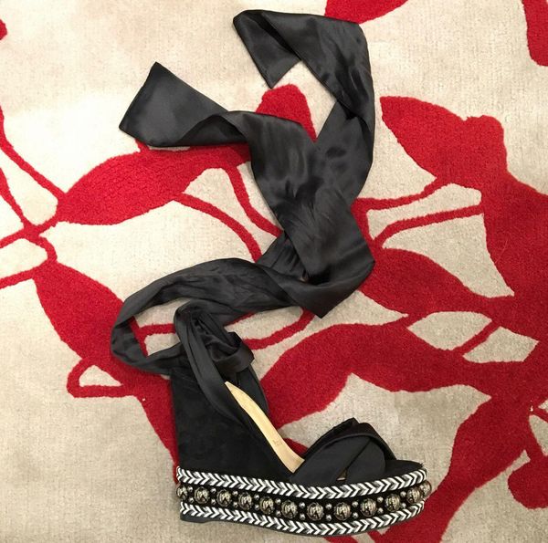 

20s high heels red bottom levantine 120mm wedge women heels studs sandal leather textile embellished with bow & graffiti strap sandalias, Black