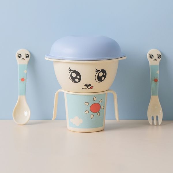 

children's tableware five piece bamboo fiber soup with cover cup spoon fork set baby food auxiliary bowl