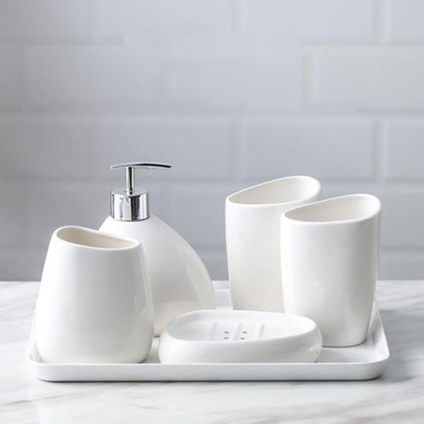 

five-piece bathroom set, european-style simple white ceramic wash kit toilet brush holder restroom set home decor