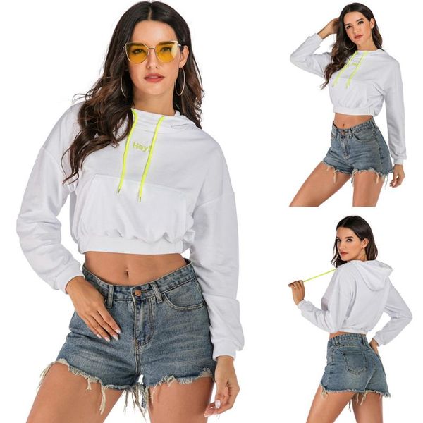

women's hoodies & sweatshirts 2021 fashion solid color hooded sweatshirt women casual embroidery long sleeve crop shirt loose, Black