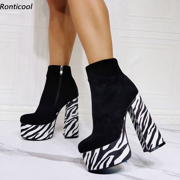 

rontic 2021 new stylish women winter platform ankle boots zebra side zipper chunky heels round toe black shoes us size 5-15