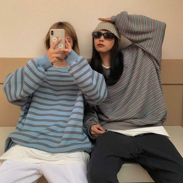 

men's t-shirts cotton o-neck striped long-sleeved t-shirt women 2021 spring korean loose all-match men student shirt harajuku preppy, White;black