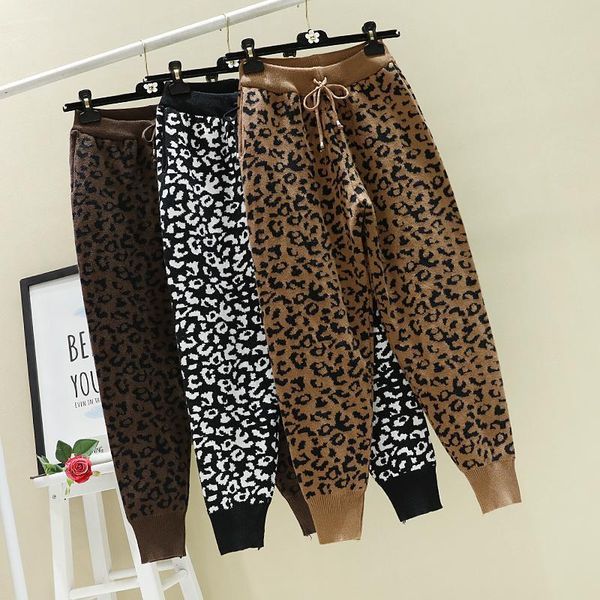 

2021 new outono inverno espessamento leopardo imprimir para mulheres de malha l solta emagrecimento harem calas casuais woollen kujo, Black;white
