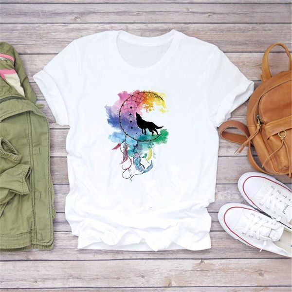 

2021 summer short sleeve feather wolf deamcather print casual white polyester t shirts female t-shirts girls ladies