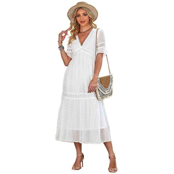 

shiying chiffon dress women's summer lace stitched bamboo cut v-neck, White;black