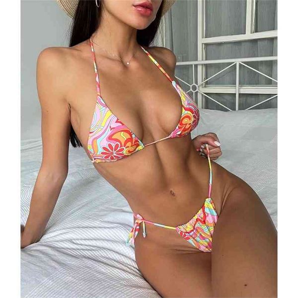 MYTENG Costume da bagno sexy con stampa floreale vintage bikini brasiliano mini perizoma costumi da bagno donna string fasciatura costumi da bagno Halter Biqiuni 210722