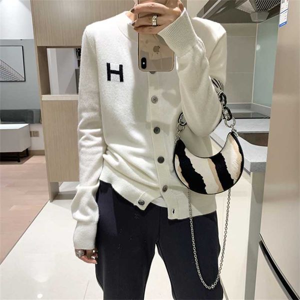 

europe station cashmere cardigan women's loose h-letter jacquard thin knitted jacket sweater slim round neck sweater 211221, White;black