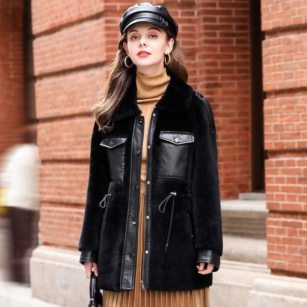 

women's fur & faux real coat sheepskin pocket small fs21136, Black