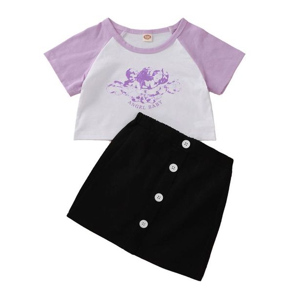 

kids girls fashion casual summer 2-piece outfit set short sleeve angel letter print t-shirt +skirt set 3-8years, White