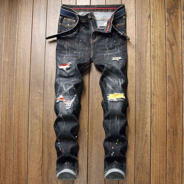 

men's jeans 2021 style personalized jeans trend stretch men's trousers with hol, Blue