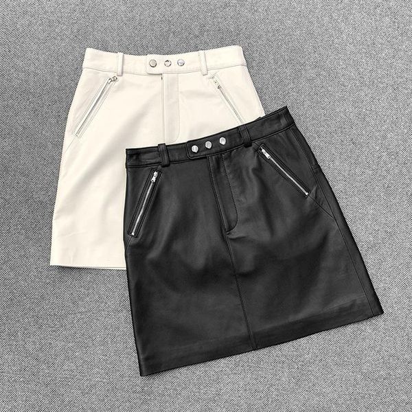 

skirts fashion women's genuine leather mini 2021 spring designer sheepskin high-rise a-line skirt b708, Black