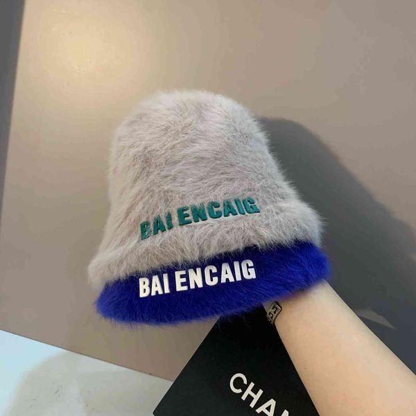 

autumn and winter rabbit hair fisherman hat ins net red fashionable versatile basin hat plush comfortable travel bucket tide, Blue;gray