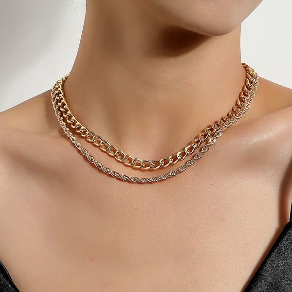 

chokers trending punk twisted thick chains choker necklace women vintage double layers geometric clavicle colar jewelry gift, Golden;silver