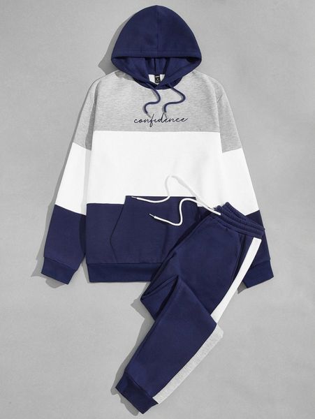 

men colorblock letter embroidery kangaroo pocket drawstring thermal hoodie & sweatpants 58sf#, Gray