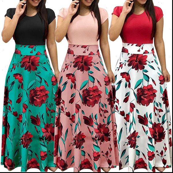 

fashion 2019 boho maxi summer dress women short sleeve print long dress feminine summer elegant beach floral dresses vestidos, Black;gray
