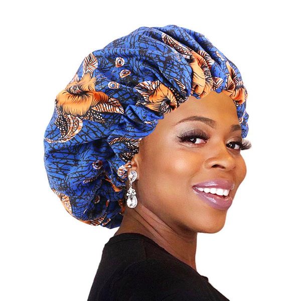 

pattern print fabric ankara bonnets sleep cap wide band printed turban elastic comfortable large size satin lined bonnets3200033, Blue;gray