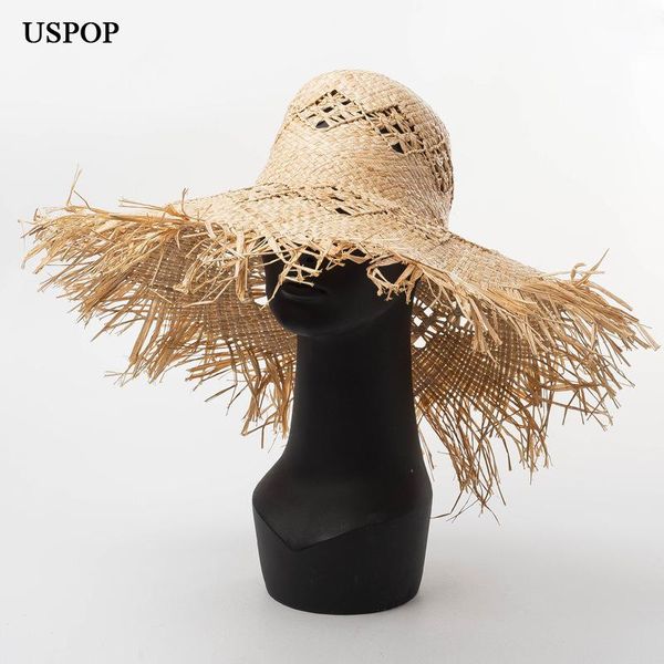 

wide brim hats uspop summer women handmade hollow pattern woven raw edge raffia large brimmed hat sunscreen beach straw, Blue;gray