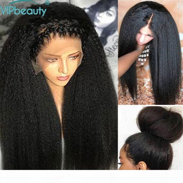 

vipbeauty kinky straight wigs 13x4 lace front human hair wigs for black women 150% density remy italian yaki human hair, Black;brown