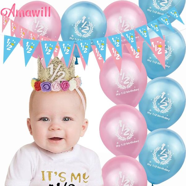 

party decoration amawill half birthday it's my 1/2 banner pink blue latex balloons 6 months baby shower girl boy decorations 7d