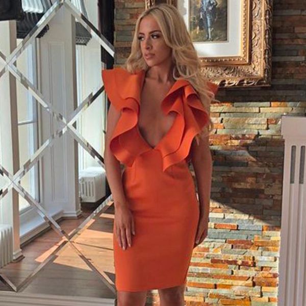 

ocstrade bandage dress 2021 new women orange deep v neck ruffles elegant bandage dresses bodycon backless club party dress, Black;gray