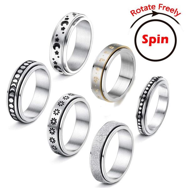 

cluster rings anxiety for women fidgets spinner rotate y anti stress accessories jewelry pattern stainless steel ring, Golden;silver