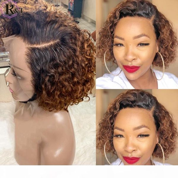 

rulinda short curly ombre colored lace front human hair wigs 180% density pixie cut brazilian remy hair lace wigs 13x4, Black;brown